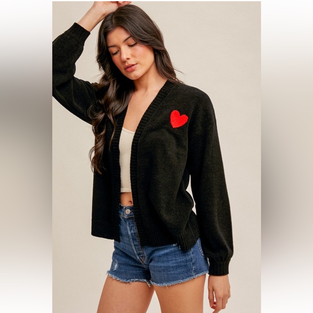 938. ❤️Hem & Thread Cardigan Black Sweater with Red Heart Detail New Item NWT - Picture 4 of 6